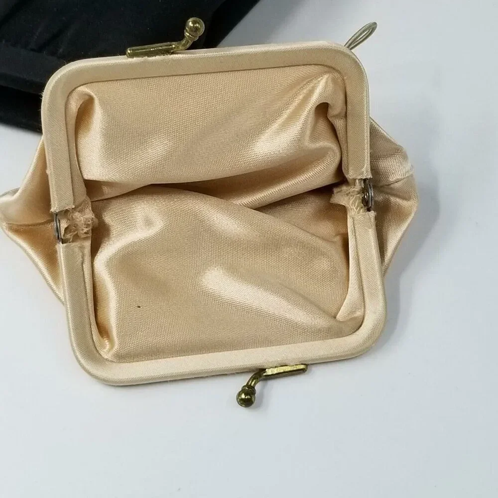 Vintage 60s Purse Black Clutch Kiss Lock Gold Pearl Rhinestone Coin Purse